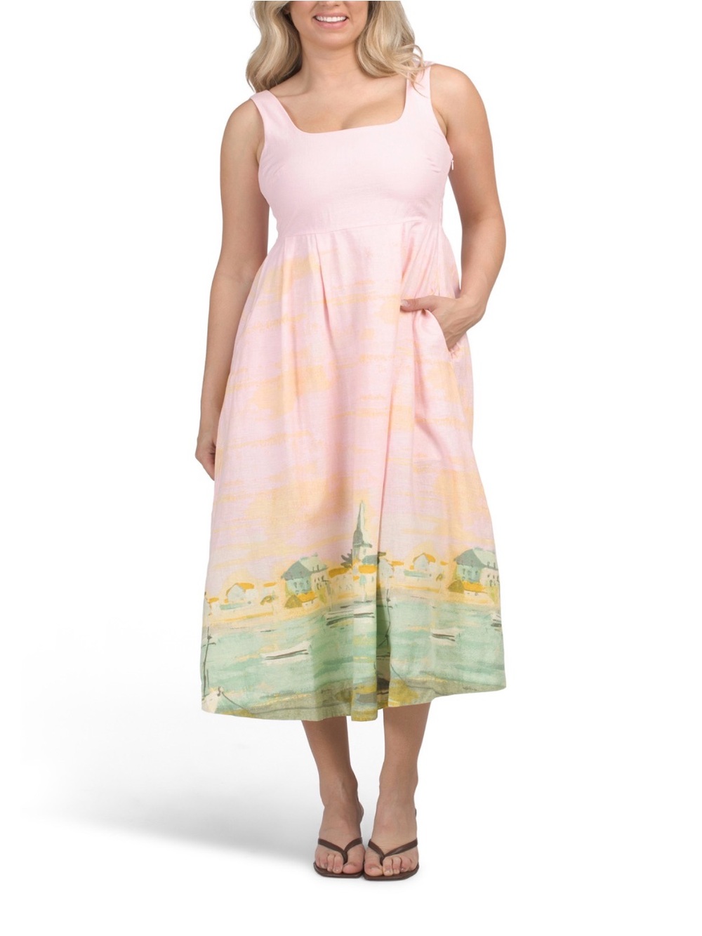 CYNTHIA ROWLEY SLEEVELESS LINEND BLEND PINK BEACH-SCENE MIDI DRESS SIZE S NWT